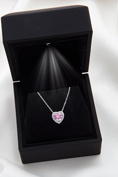 SARIASLAN Işıklı Kutuda Pembe Taşlı Yükseltilmiş Kalp Gümüş Kolye Rodyumlu