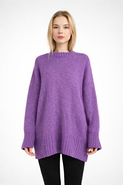 İLKCET MODA Oversized Basic Light Purple Long Women's Sweater