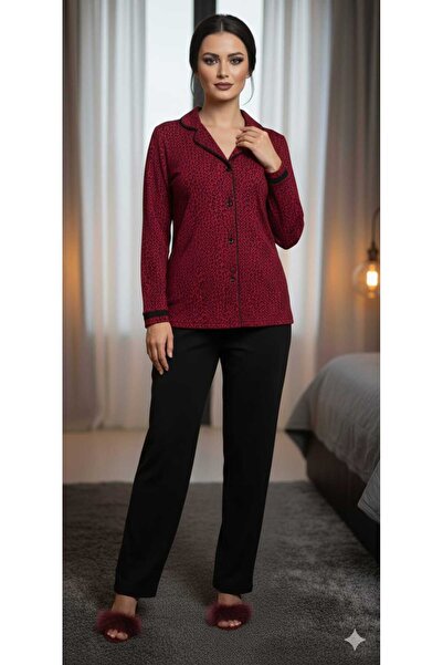 MODA Μπορντό μαύρο λεοπάρ μοντέλο Premium Α ποιότητας σετ πιτζάμες με πέτρινα...