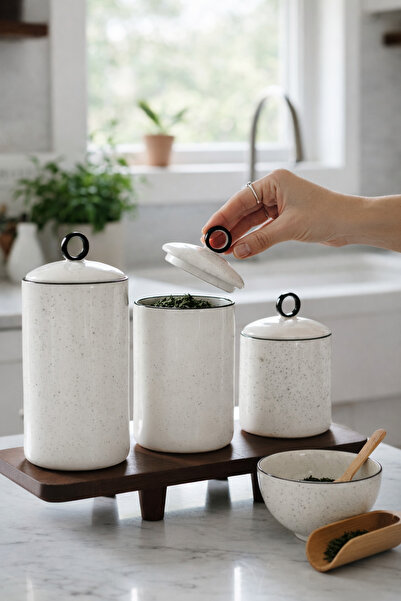 Paşabahçe Porselen 3 Boy Baharatlık Kavanozu-Vakum Kapaklı- Modern-Mutfakta D...