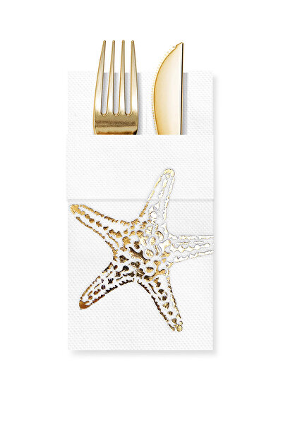 Story مناديل ورقية بيضاء اللون مقاس 40×40 سم مع نقش نجم البحر الذهبي و16 جيبًا