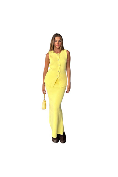 KECHİ WOMAN Gold Accessory Vest Skirt Yellow Knitwear Set