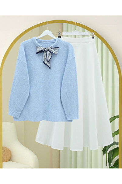 Modamorfo Soft Knit Sweater with Scarf Detail on the Collar - Baby Blue