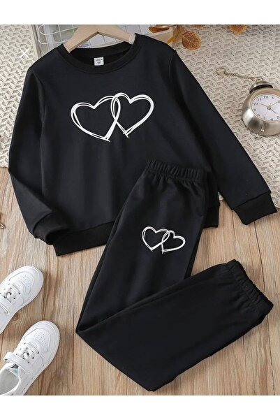 LELVANİ Women White Heart Printed Tracksuit Set Crew Neck