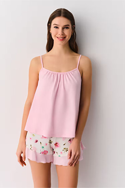 DREAM FASHION Ecru Patterned Flora Athlete Shorts Pajama Set