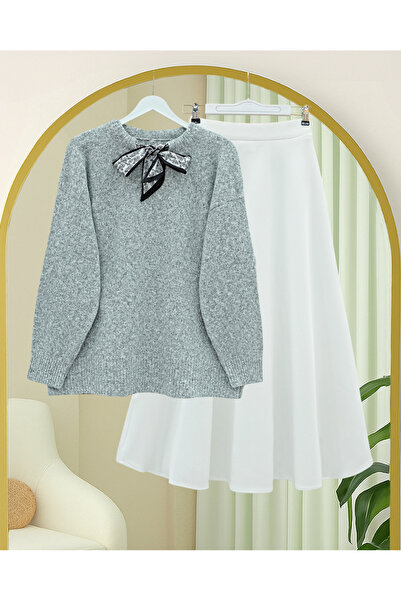 Modamorfo Soft Knit Sweater with Scarf Detail at the Neck - Gray