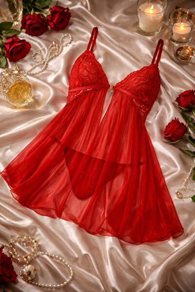 Sting Sexy Baby Doll red lingerie set with lace, adjustable straps + thong pa...