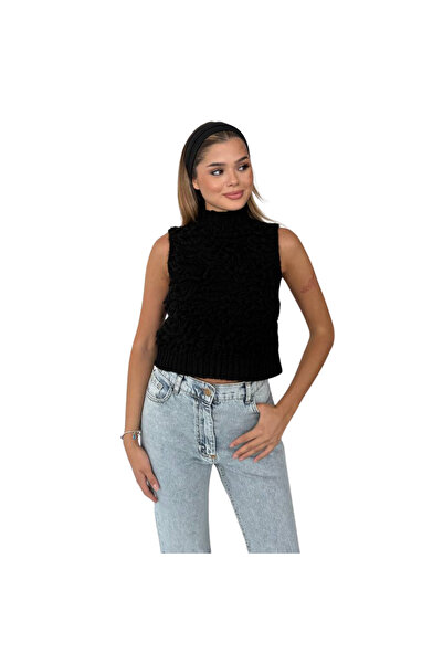 KECHİ WOMAN سترة تريكو سوداء مجعدة