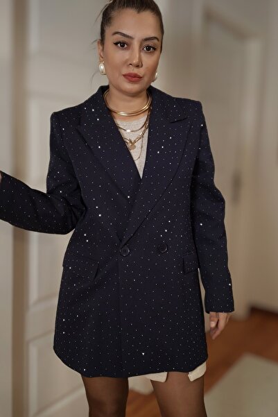 MADAMMERY Women's Navy Blue Double-Breasted Silver Color Shiny Stone Printed ...