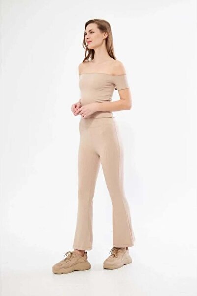 Genel Markalar Yüksel Bel Fitilli İspanyol Paça Tayt - Bordo