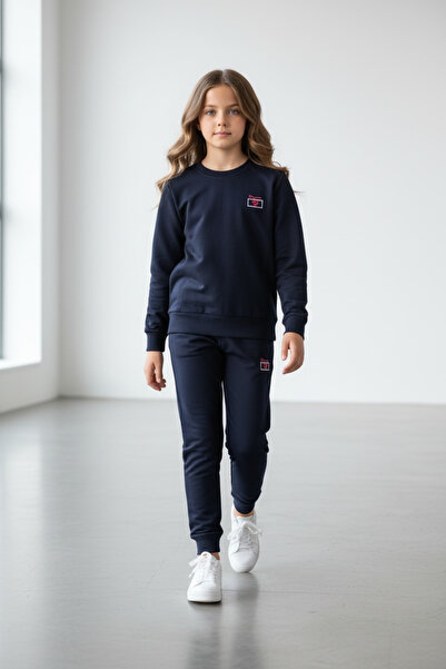 Piyera Girl's Ribbed Elastic Leg Navy Blue Tracksuit Set - 40003