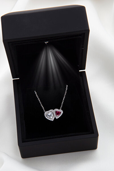 SARIASLAN Işıklı Kutuda Koyu Pembe Taşlı Asil Yükseltilmiş Kalpler Gümüş Koly...