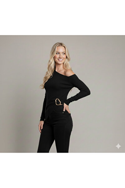 Moda Lounge New Product Off-Shoulder Buckle Detail Long Sleeve Blouse Wrinkle...