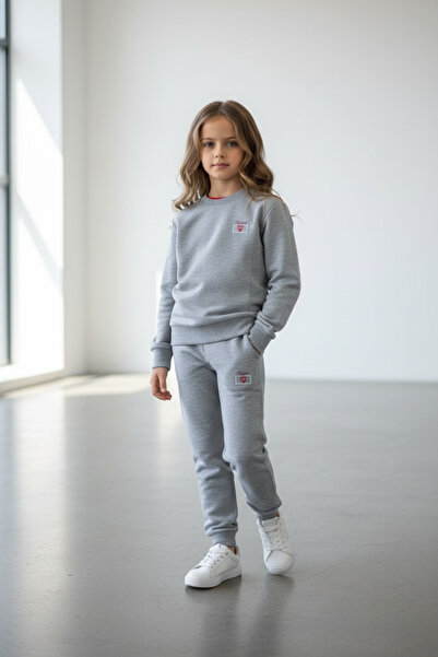 Piyera Girl's Ribbed Elastic Leg Gray Melange Tracksuit Set - 40003