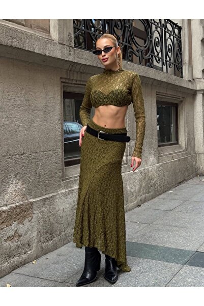 mooishan Asymmetrical Cut High Waist Lace Flared Skirt