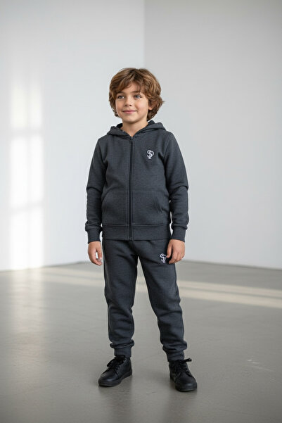 Piyera Boy's Zippered Hooded Pocket Anthracite Children's Tracksuit Set - 40004