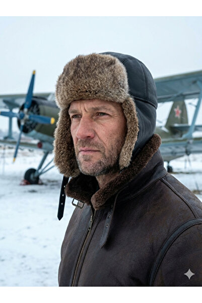 hoaryage Men's 100% Leather Pilot Hat, Kalpak, Snow Hat Model1