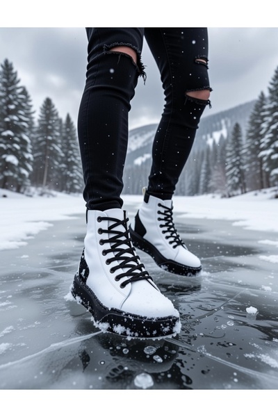 VELLINA Erkek Günlük Beyaz Siyah Klasik Bot Bağcıklı Boğazlı Suni Deri Suya D...