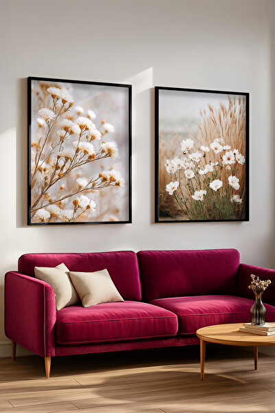 STARYUNA Black Wooden Framed White Flowers and Wheat Field Double Painting Se...