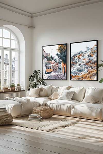 STARYUNA Black Wooden Framed European Cities Themed Double Painting Set Yuna472