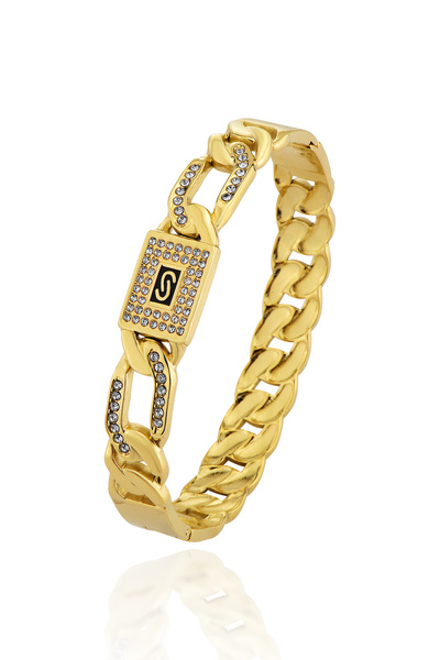 Cosmia Shine 316L Paslanmaz Çelik Gold Renk Taşlı Gurme Zincir Kelepçe Bileklik