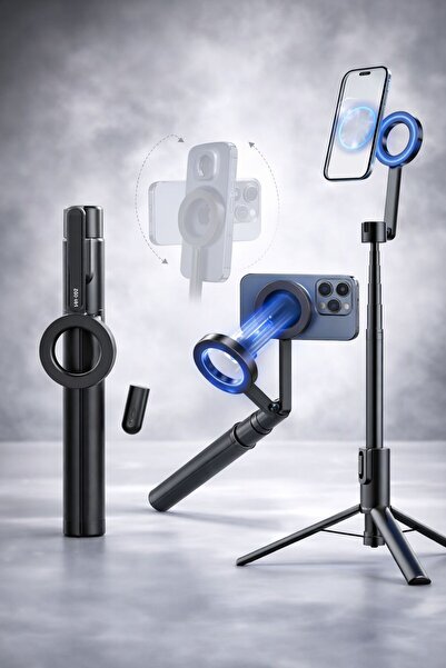 Qifit MagSafe Uyumlu Mıknatıslı Selfie Çubuğu Tripod 1365mm Bluetooth Kumandalı