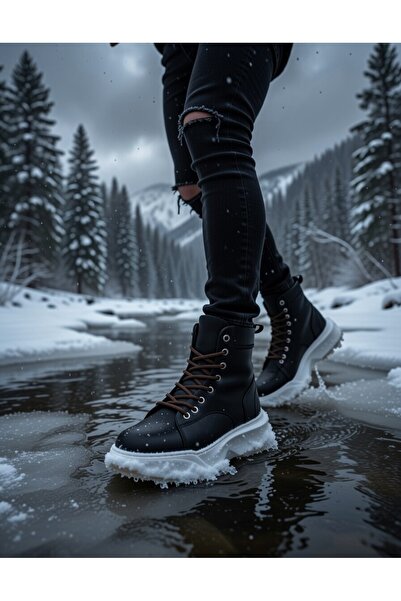 VELLINA Erkek Günlük Siyah Beyaz Klasik Bot Bağcıklı Boğazlı Suni Deri Suya D...