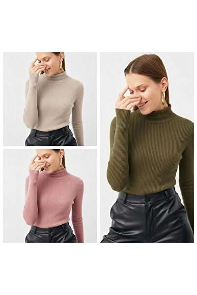 estex Unisex 4'LÜ Paket Siyah Beyaz Bej Gri Pamuklu Balıkçı Yaka FİTİLLİ Şard...