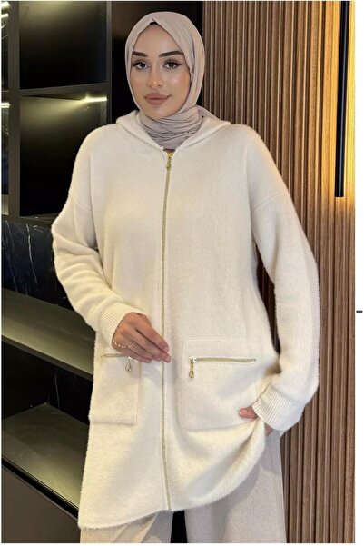 GÜLSELİ COLLECTION Kadın Kapüşonlu Cepli Angora Ceket Kap Kaban