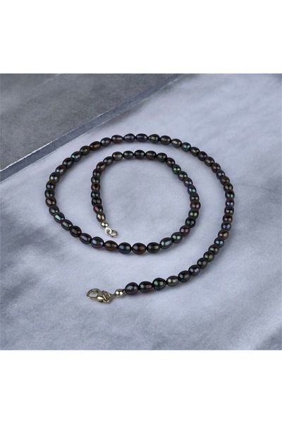 Taşmir Sertifikalı Gerçek Doğal Arpa Siyah Inci Kolye - Paslanmaz Çelik Aparat