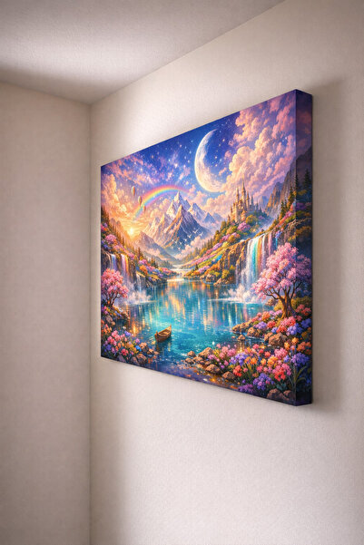 Mushen Studio Masalsı Manzara Kanvas Tablo - Gökkuşağı Ve Şato Temalı Dekorat...