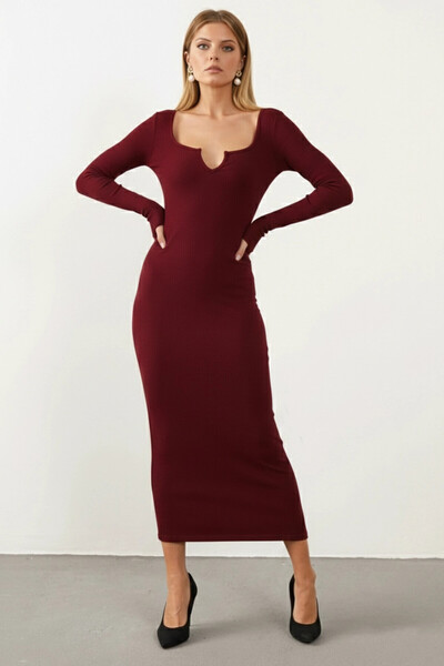 Cool & Sexy Women's Burgundy V-Neck Maxi Ribbed Knit Dress Ey1086