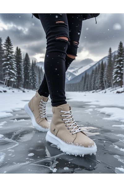 VELLINA Erkek Günlük Bej Beyaz Klasik Bot Bağcıklı Boğazlı Suni Deri Suya Day...