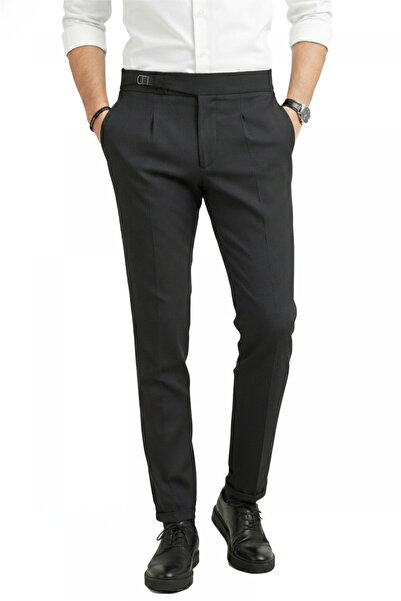 Rizz up Men's Smoked Stretch Fabric Italian Cut Pleated Belt Buckle Stylish F...