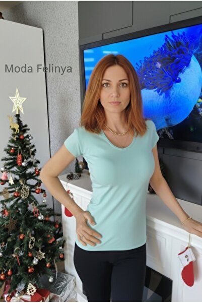 moda felinya Women's Short Sleeve V-Neck (Mint) Water Green Body