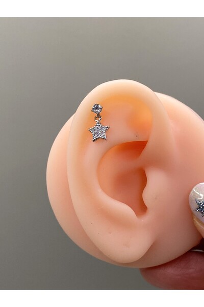 kurukafagift Çelik Piercing Yıldız Figürlü Zirkon Taşlı Helix Tragus Kıkırdak...