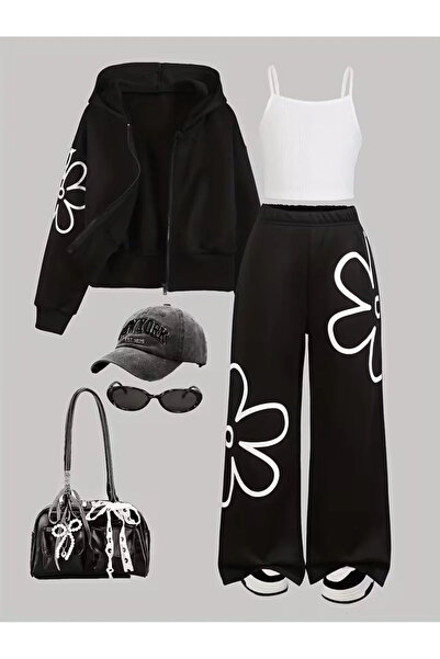 npLStore Children's Flower Printed 3-Piece Strap Crop-Jacket and Sweatpants Set