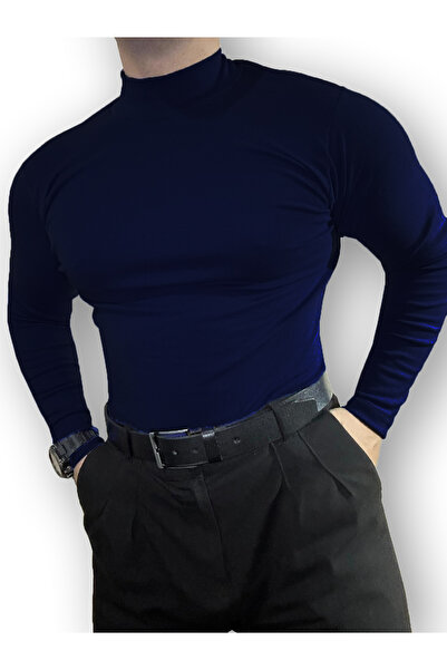 Lushen Navy Blue Long Sleeve Half Throat Turtleneck Lycra Combed Cotton Bodysuit