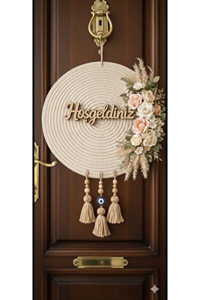 HatesaHome Hasır Supla Kapı Süsü – El Yapımı Hoşgeldiniz Yazılı Çiçekli Bohem...