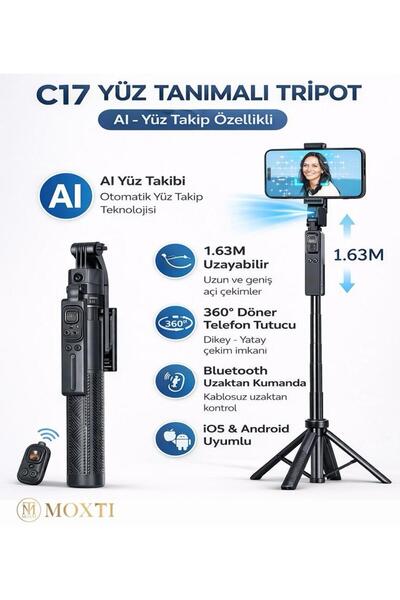 Moxti Yüz Oto Takip Sistemli Çok Amaçlı Bluetooth Kumandalı Akıllı Tripod + S...