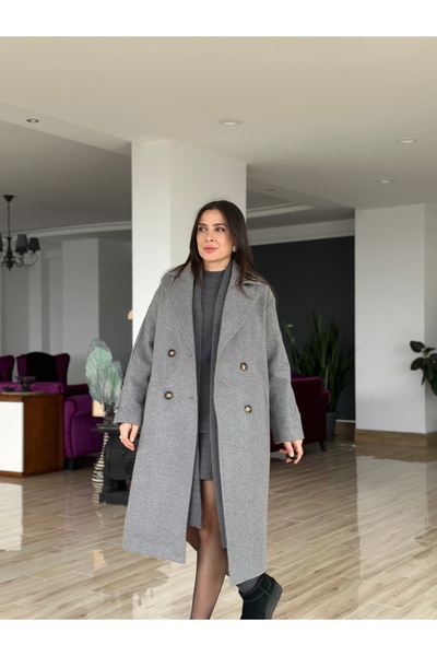 AYSEGUL SOZKESEN Gri Kruvaze Kadın Oversize Kesim Kaban