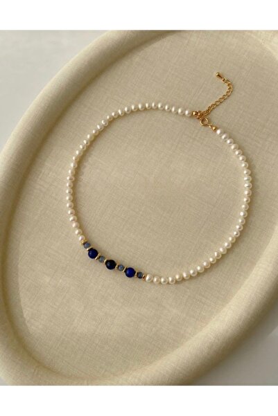 Taşmir Sertifikalı Gerçek Inci ve Lapis Lazuli Tasarım Kolye 45 cm
