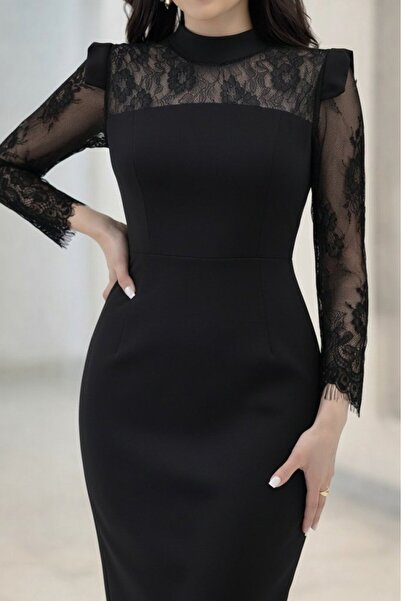 Monapera Kadın Yarım Balıkçı Yaka Uzun Kollu Dantel Detaylı Midi İthal Krep E...