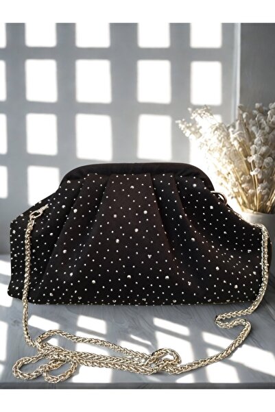 bag Taş Detaylı Zincirli Çapraz Askılı Şık Omuz ve El Çantası SİYAH