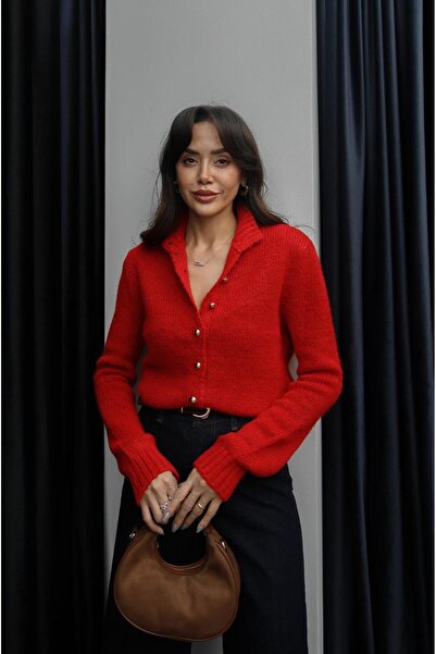 Havoş Red Top Gold Button Cardigan