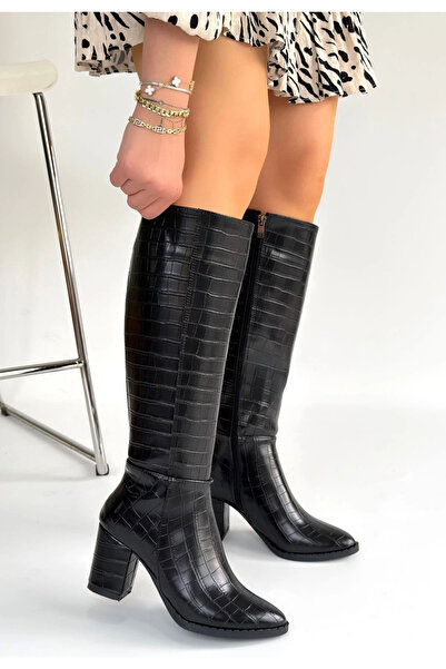 TH COLLECTİON Morena Black Patterned Leather Heeled Boots - 37