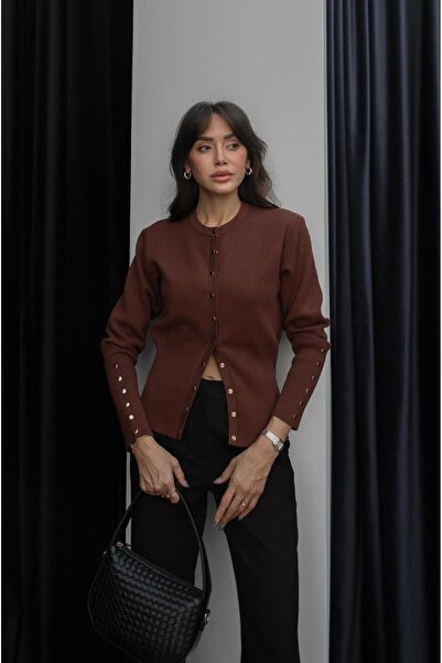 Havoş Brown Cardigan with Snap Buttons on the Front and Sleeves