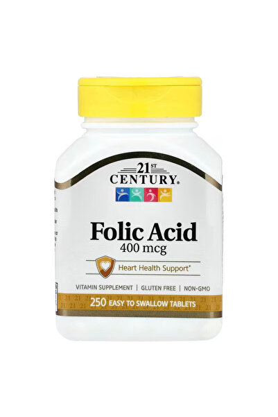 21st Century Folic Acid Vitamin B9 Folate Heart Health 400 mcg 250 Easy to Sw...