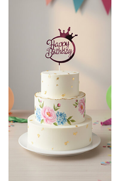 NEWPARİ Pasta Üstü Yazısı Happy Birthday Pembe Taç Dekorlu