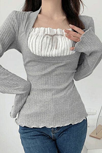 Köstebek Button and Ribbon Detailed Lace Collar Spanish Sleeve Blouse